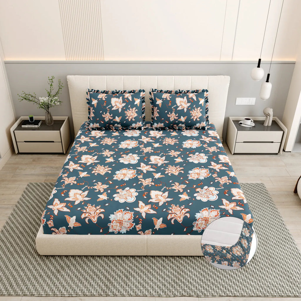Dream Weaverz Polycotton King Fitted (Elastic) 260 TC Floral 1 Bedsheet with 2 Pillow Covers (Dark Green -Beige)