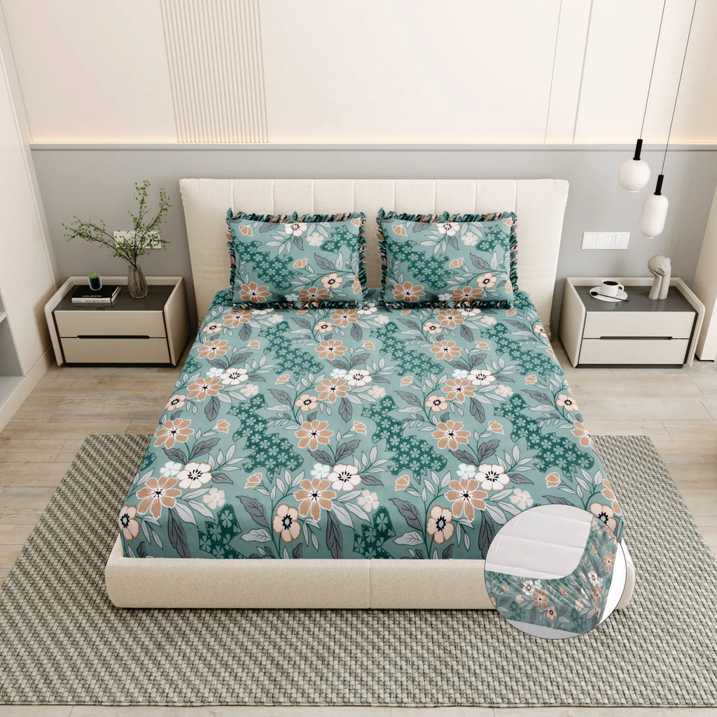 Dream Weaverz Polycotton King Fitted (Elastic) 260 TC Floral 1 Bedsheet (Green-Brown)
