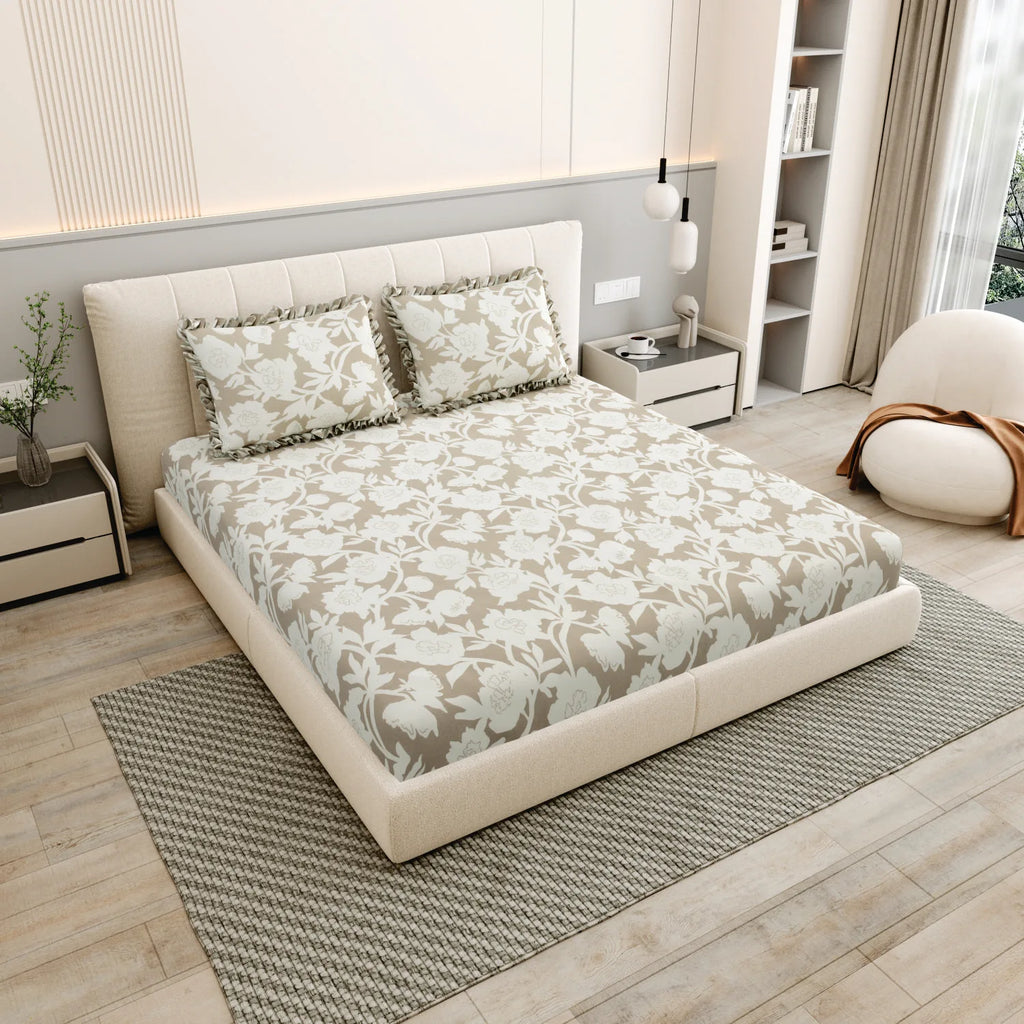 Dream Weaverz Polycotton King Fitted (Elastic) 260 TC Floral 1 Bedsheet (Beige-White)