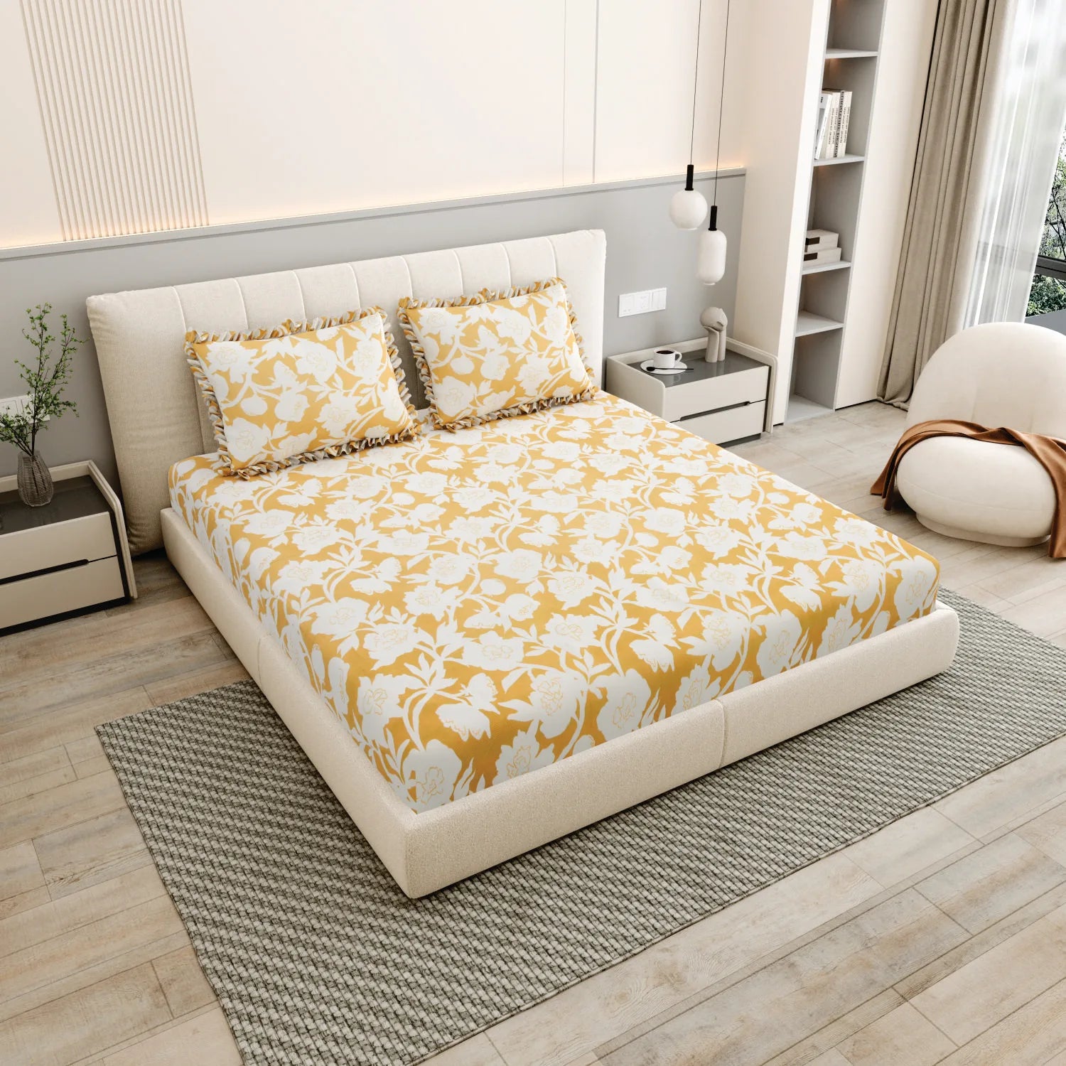Dream Weaverz Polycotton King Fitted (Elastic) 260 TC Floral 1 Bedsheet (Yellow)