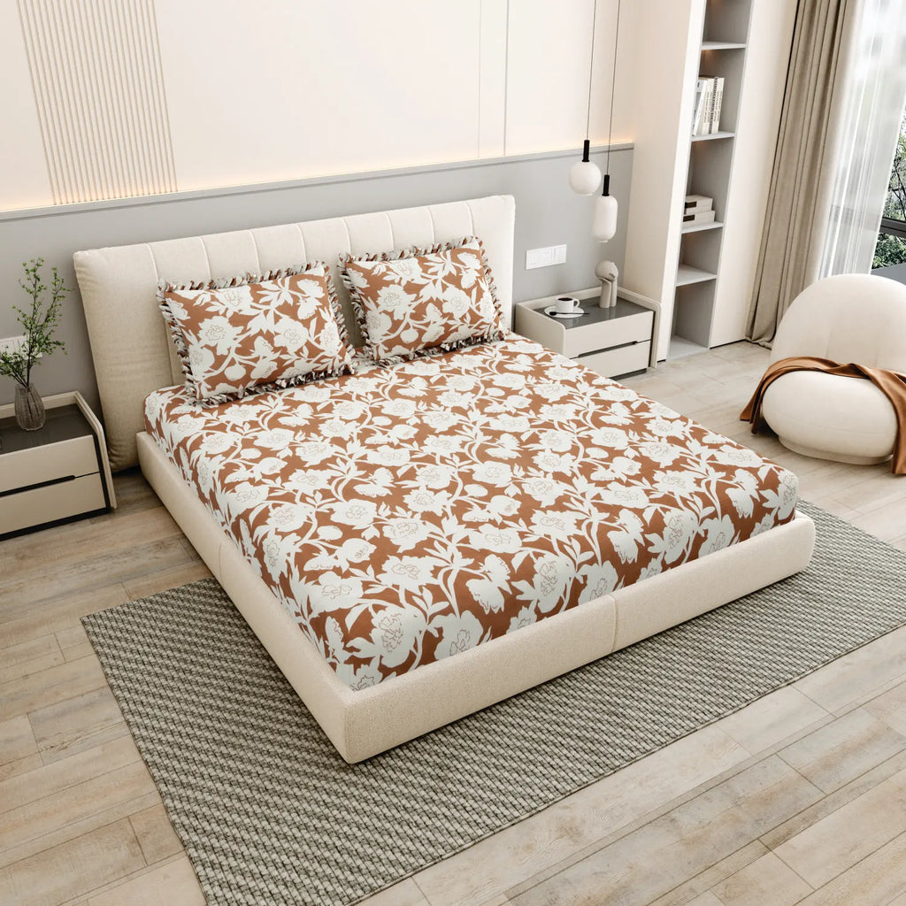 Dream Weaverz Polycotton King Fitted (Elastic) 260 TC Floral 1 Bedsheet (Brown-White)