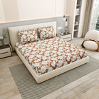 Dream Weaverz Polycotton King Fitted (Elastic) 260 TC Floral 1 Bedsheet (Brown-White)