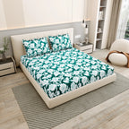 Dream Weaverz Polycotton King Fitted (Elastic) 260 TC Floral 1 Bedsheet (Green-White)