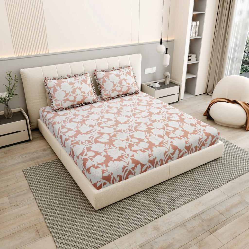 Dream Weaverz Polycotton King Fitted (Elastic) 260 TC Floral 1 Bedsheet (Peach-White)