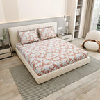 Dream Weaverz Polycotton King Fitted (Elastic) 260 TC Floral 1 Bedsheet (Peach-White)