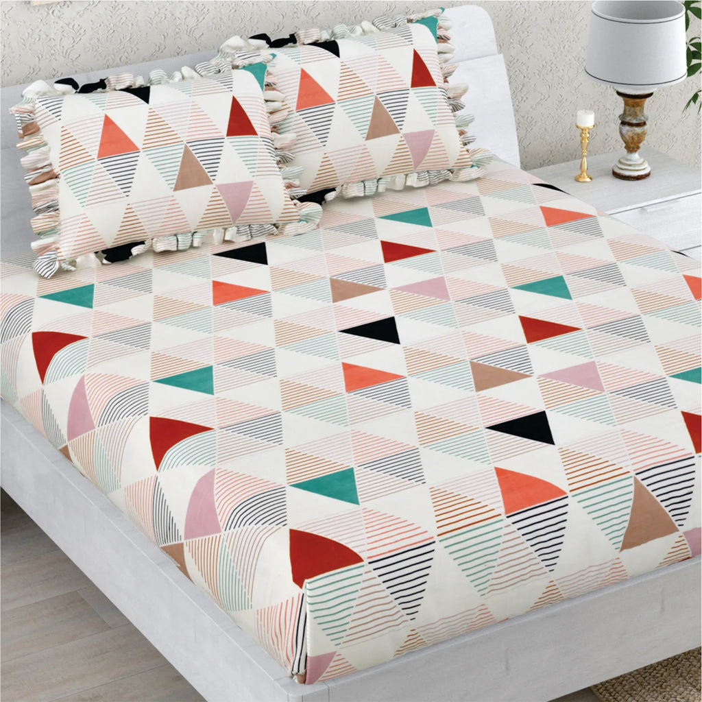 Dream Weaverz Polycotton Double Fitted (Elastic) 260 TC Abstract 1 Bedsheet with 2 Pillow Covers (Multicolor)