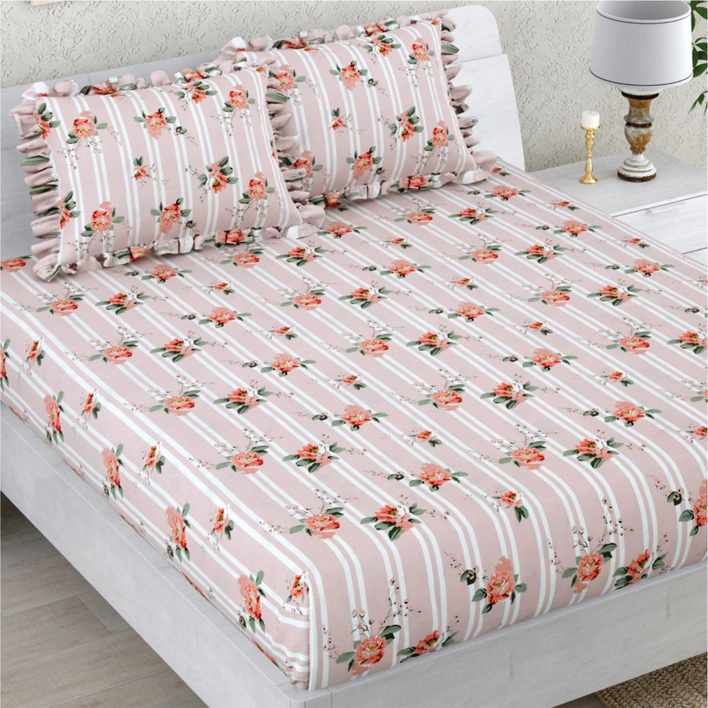 Dream Weaverz Polycotton Double Fitted (Elastic) 260 TC Floral 1 Bedsheet with 2 Pillow Covers (Pink)