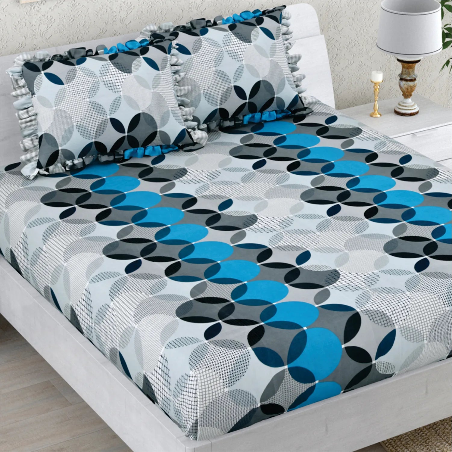 Dream Weaverz Polycotton Double Fitted (Elastic) 260 TC Abstract 1 Bedsheet with 2 Pillow Covers (Grey)