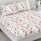 Dream Weaverz Polycotton Double Fitted (Elastic) 260 TC Floral 1 Bedsheet with 2 Pillow Covers (White)