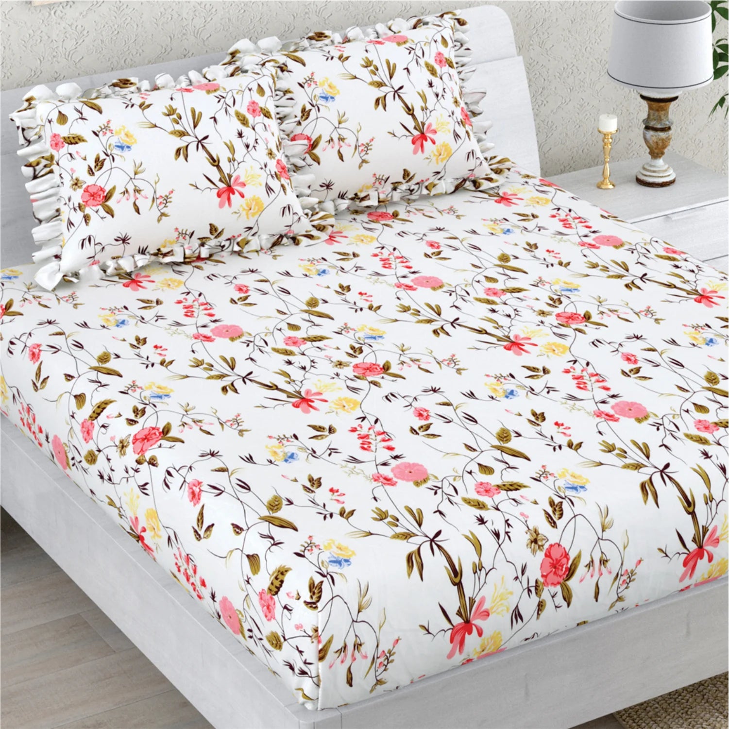 Dream Weaverz Polycotton Double Fitted (Elastic) 260 TC Floral 1 Bedsheet with 2 Pillow Covers (White)