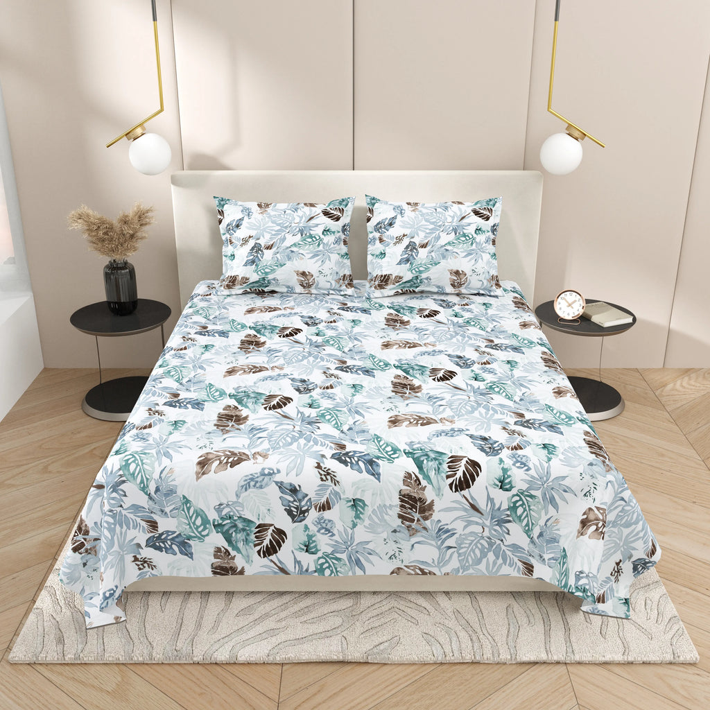 Dream Weaverz Cotton Super King Flat 220 TC Abstract 1 Bedsheet with 2 Pillow Covers (White-blue)