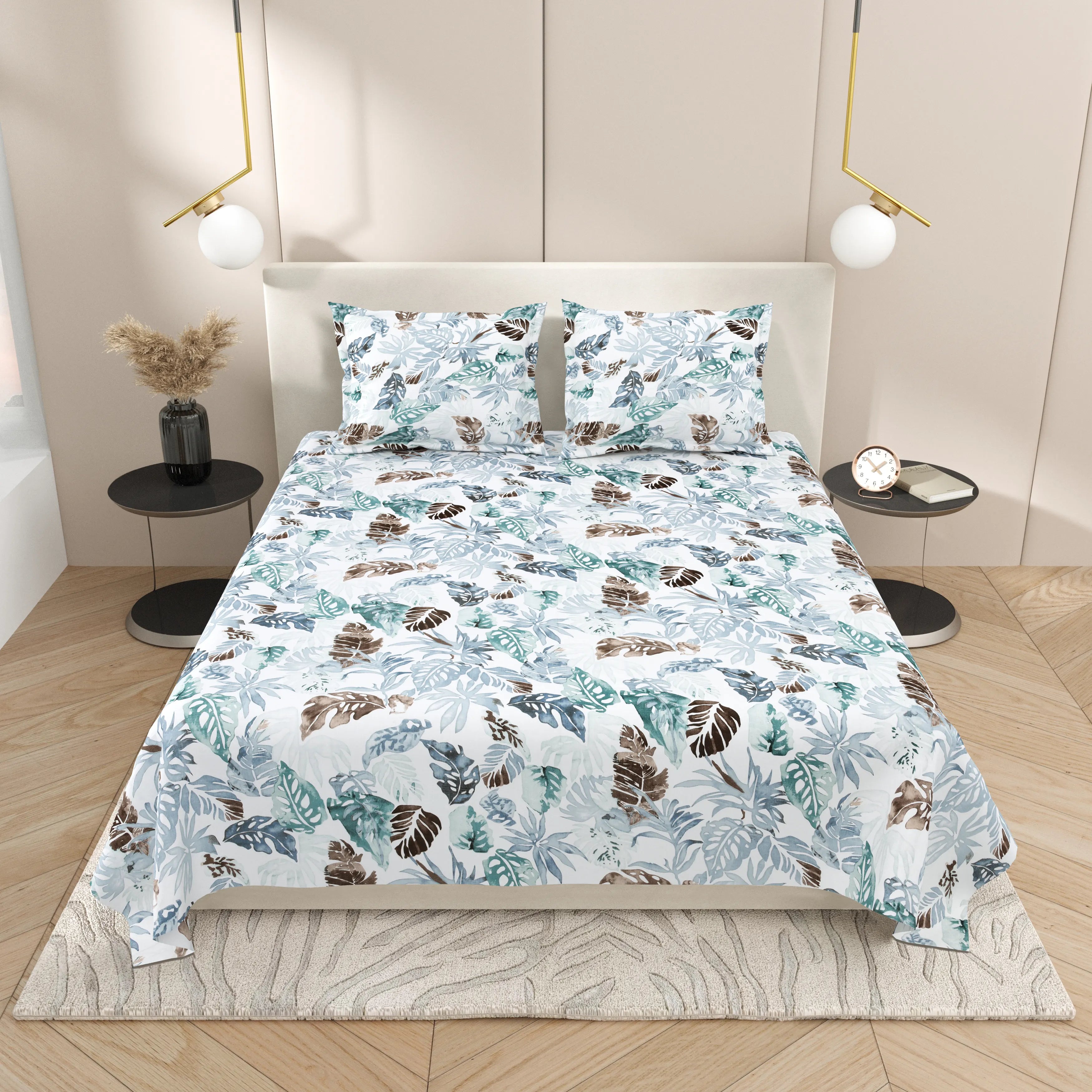 Dream Weaverz Cotton Super King Flat 220 TC Abstract 1 Bedsheet with 2 Pillow Covers (White-blue)