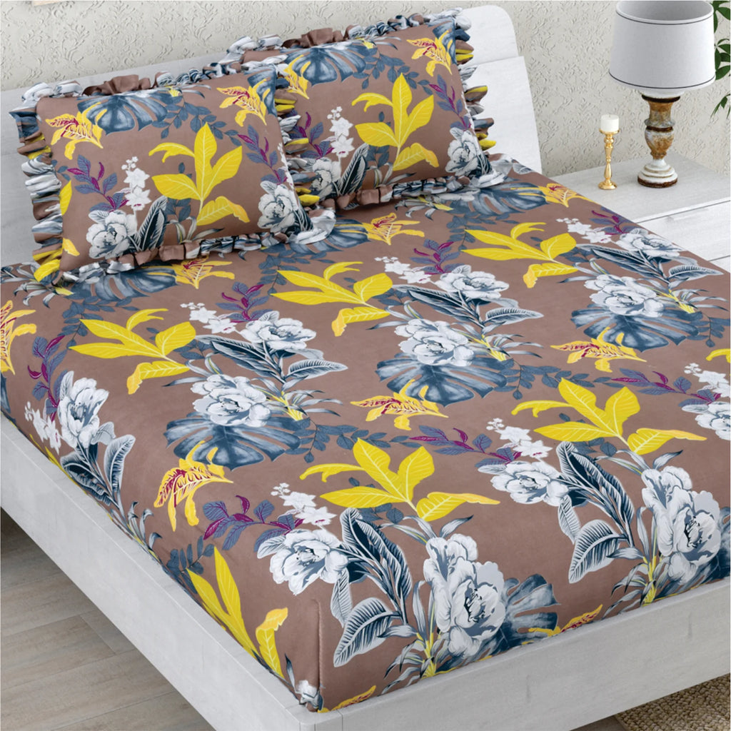 Dream Weaverz Polycotton Double Fitted (Elastic) 260 TC Floral 1 Bedsheet with 2 Pillow Covers (Brown)