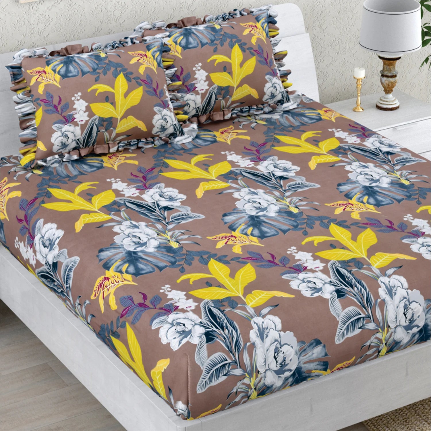 Dream Weaverz Polycotton Double Fitted (Elastic) 260 TC Floral 1 Bedsheet with 2 Pillow Covers (Brown)