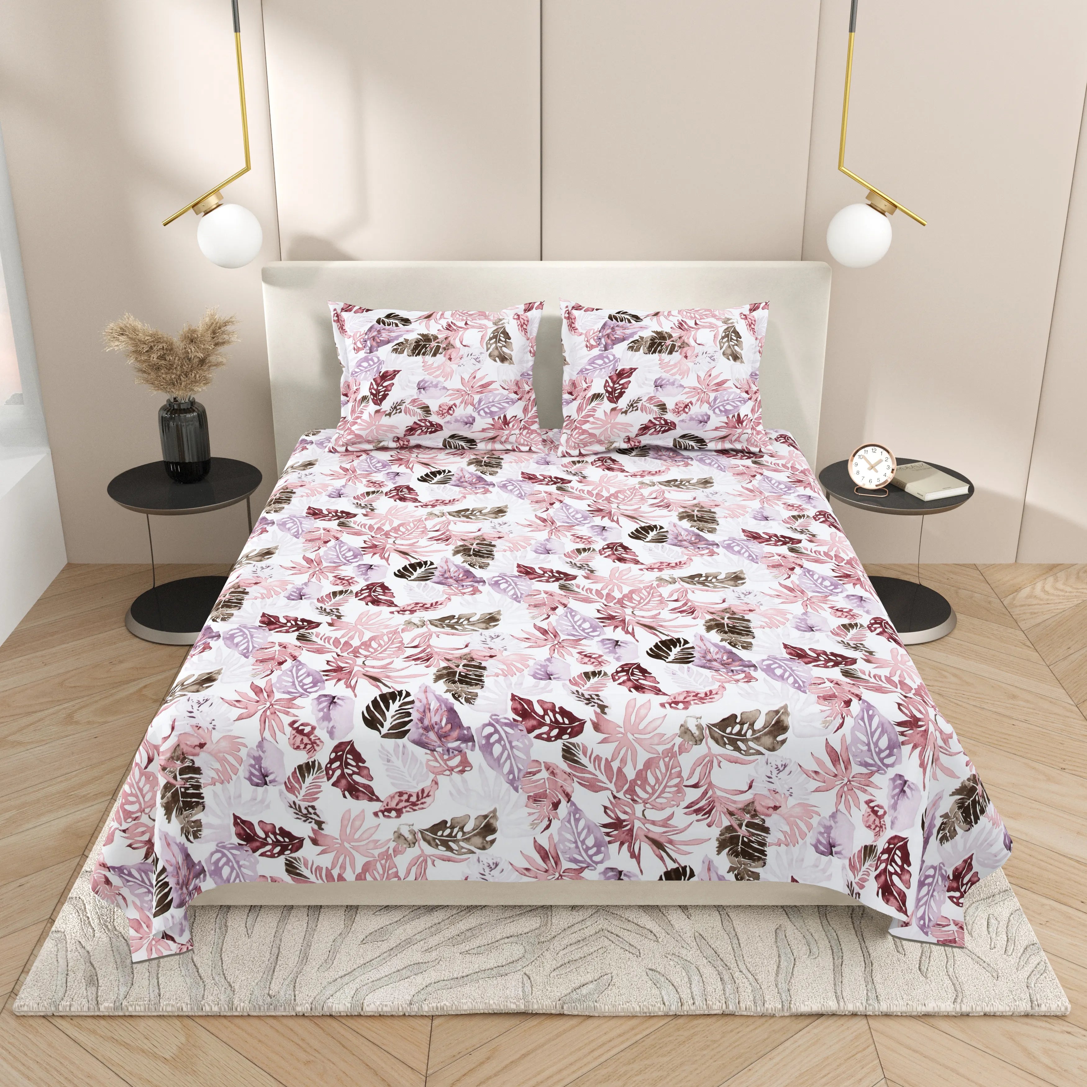 Dream Weaverz Cotton Super King Flat 220 TC Abstract 1 Bedsheet with 2 Pillow Covers (White-Peach)