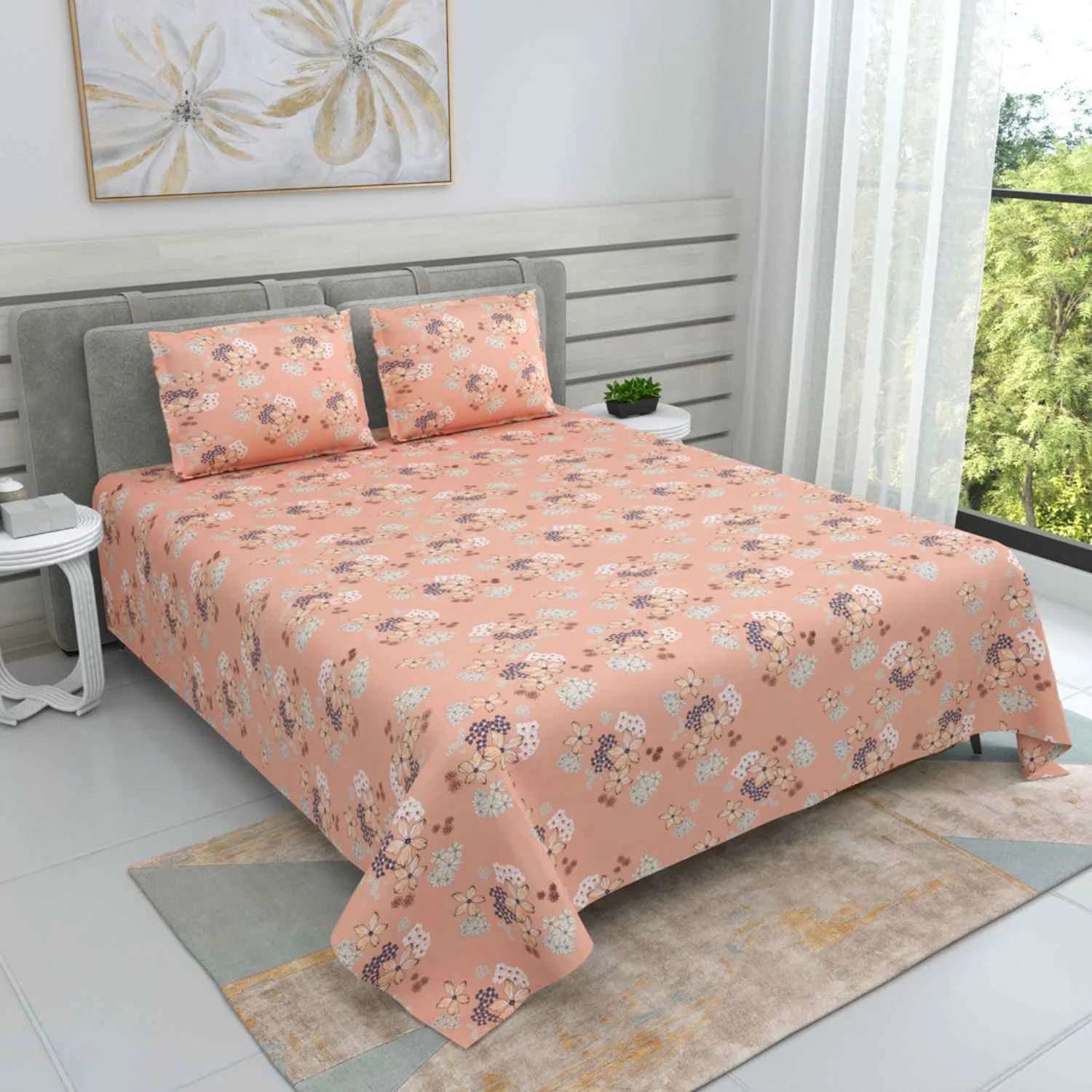 Dream Weaverz Cotton Super King Flat 220 TC Floral 1 Bedsheet with 2 Pillow Covers (Orange)