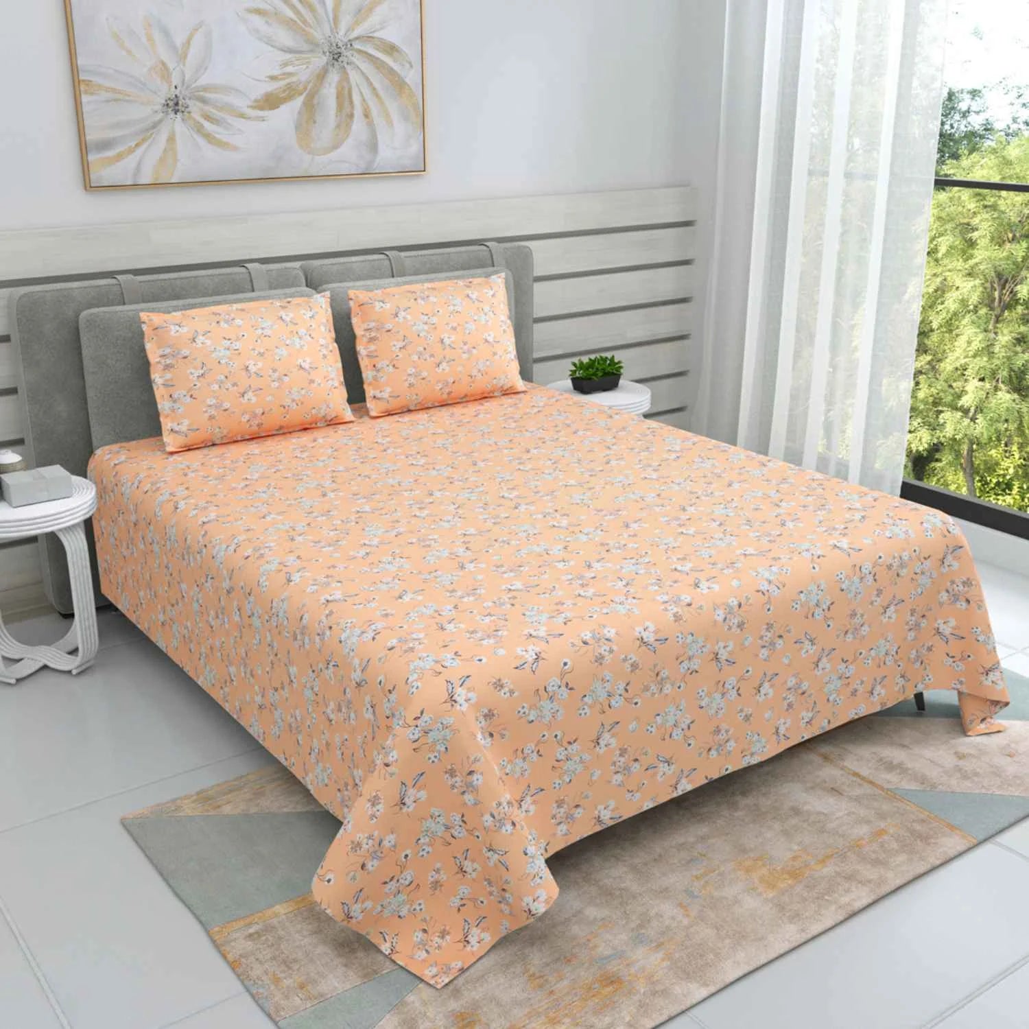 Dream Weaverz Cotton Super King Flat 220 TC Floral 1 Bedsheet with 2 Pillow Covers (Peach-Grey)