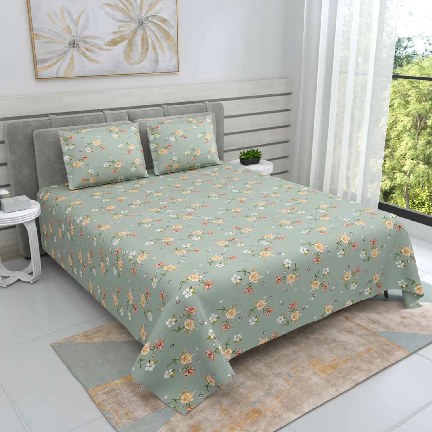 Dream Weaverz Cotton Super King Flat 220 TC Floral 1 Bedsheet with 2 Pillow Covers (Dark Green)