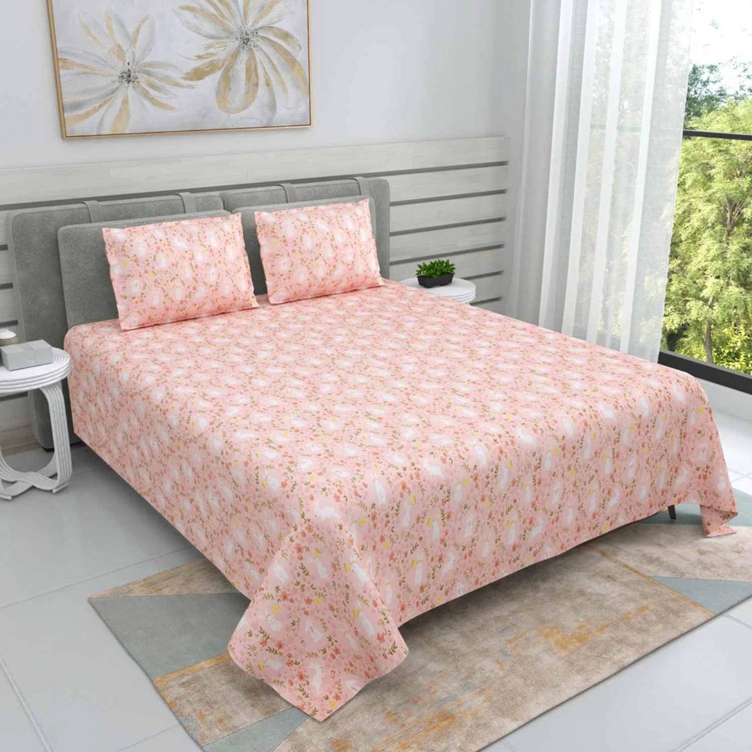 Dream Weaverz Cotton Super King Flat 220 TC Floral 1 Bedsheet with 2 Pillow Covers (Pink-White)