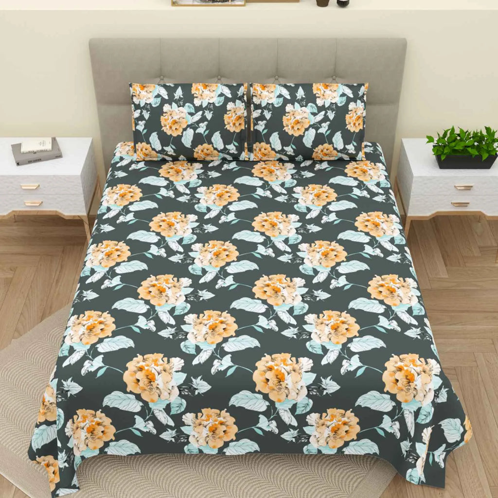 Dream Weaverz Cotton Super King Flat 220 TC Floral 1 Bedsheet with 2 Pillow Covers (Dark Green-Yellow)