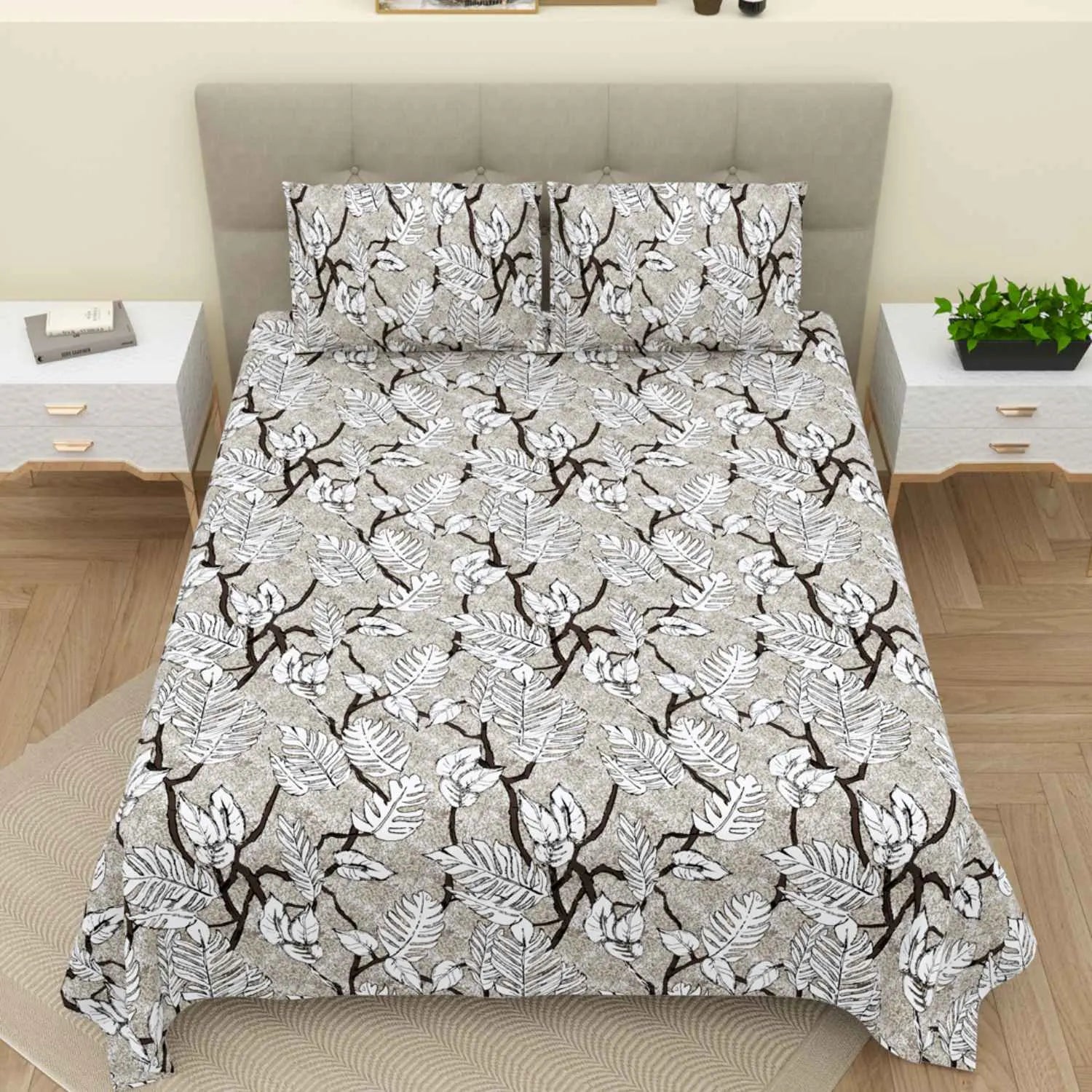 Dream Weaverz Cotton Super King Flat 220 TC Printed 1 Bedsheet with 2 Pillow Covers (Dark Grey)