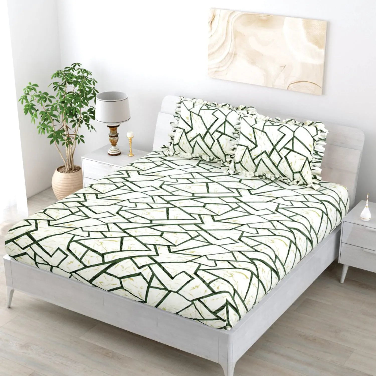 Dream Weaverz Polycotton King Fitted (Elastic) 260 TC Abstract 1 Bedsheet with 2 Pillow Covers (Cream-Green)