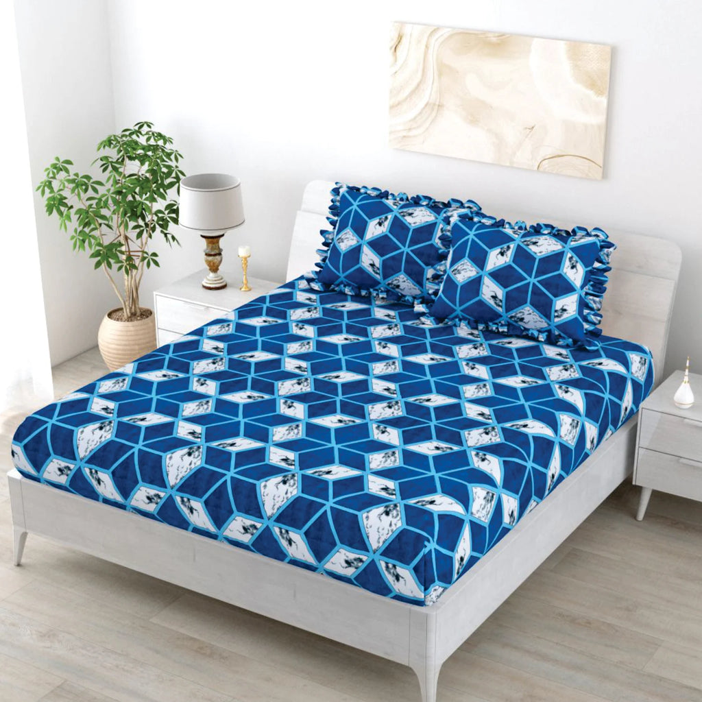 Dream Weaverz Polycotton King Fitted (Elastic) 260 TC Abstract 1 Bedsheet with 2 Pillow Covers (Blue-White)