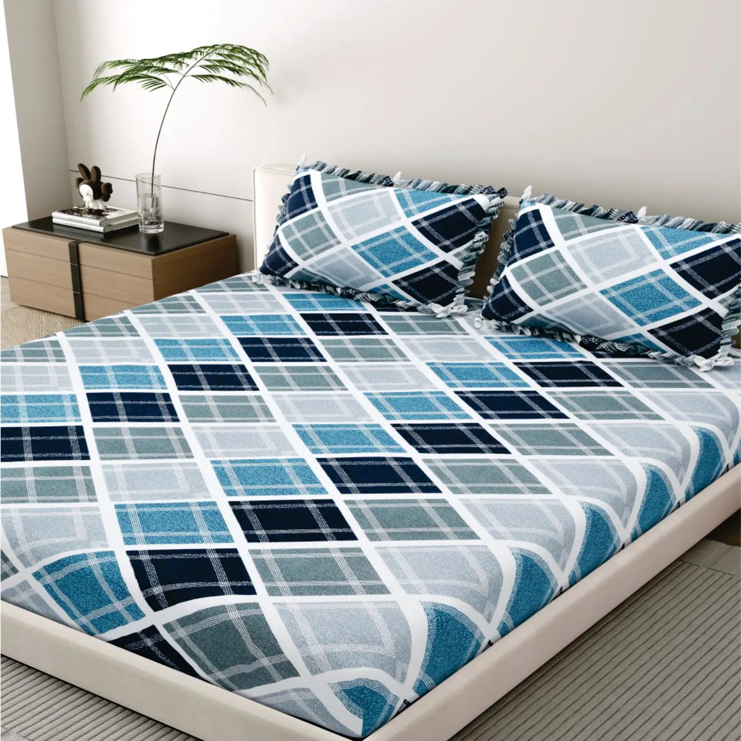Dream Weaverz Polycotton King Fitted (Elastic) 260 TC Abstract 1 Bedsheet with 2 Pillow Covers (Grey-Green)
