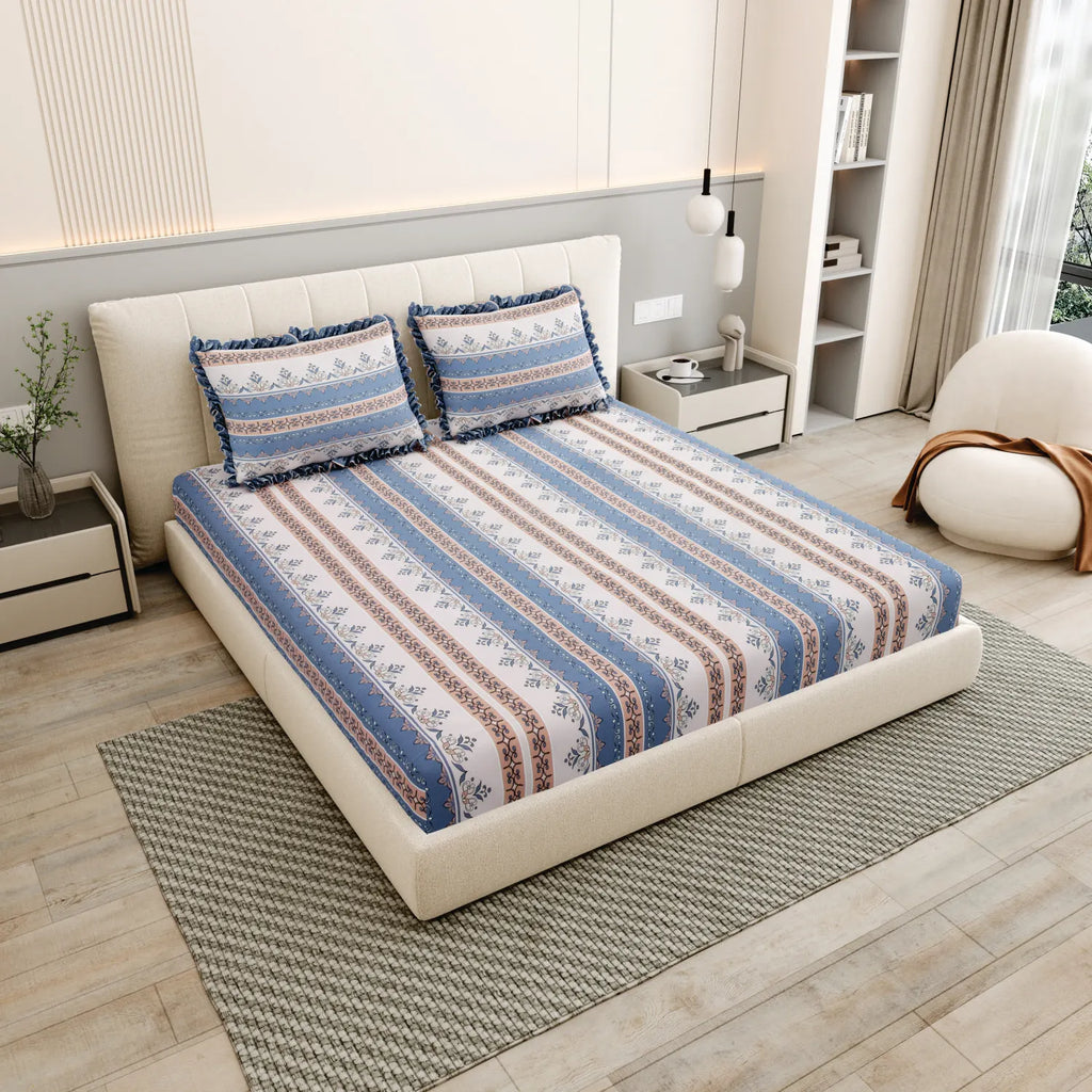 Dream Weaverz Polycotton King Fitted (Elastic) 260 TC Floral 1 Bedsheet with 2 Pillow Covers (Beige-Blue)
