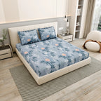 Dream Weaverz Polycotton King Fitted (Elastic) 260 TC Floral 1 Bedsheet with 2 Pillow Covers (Dark Grey-Orange)