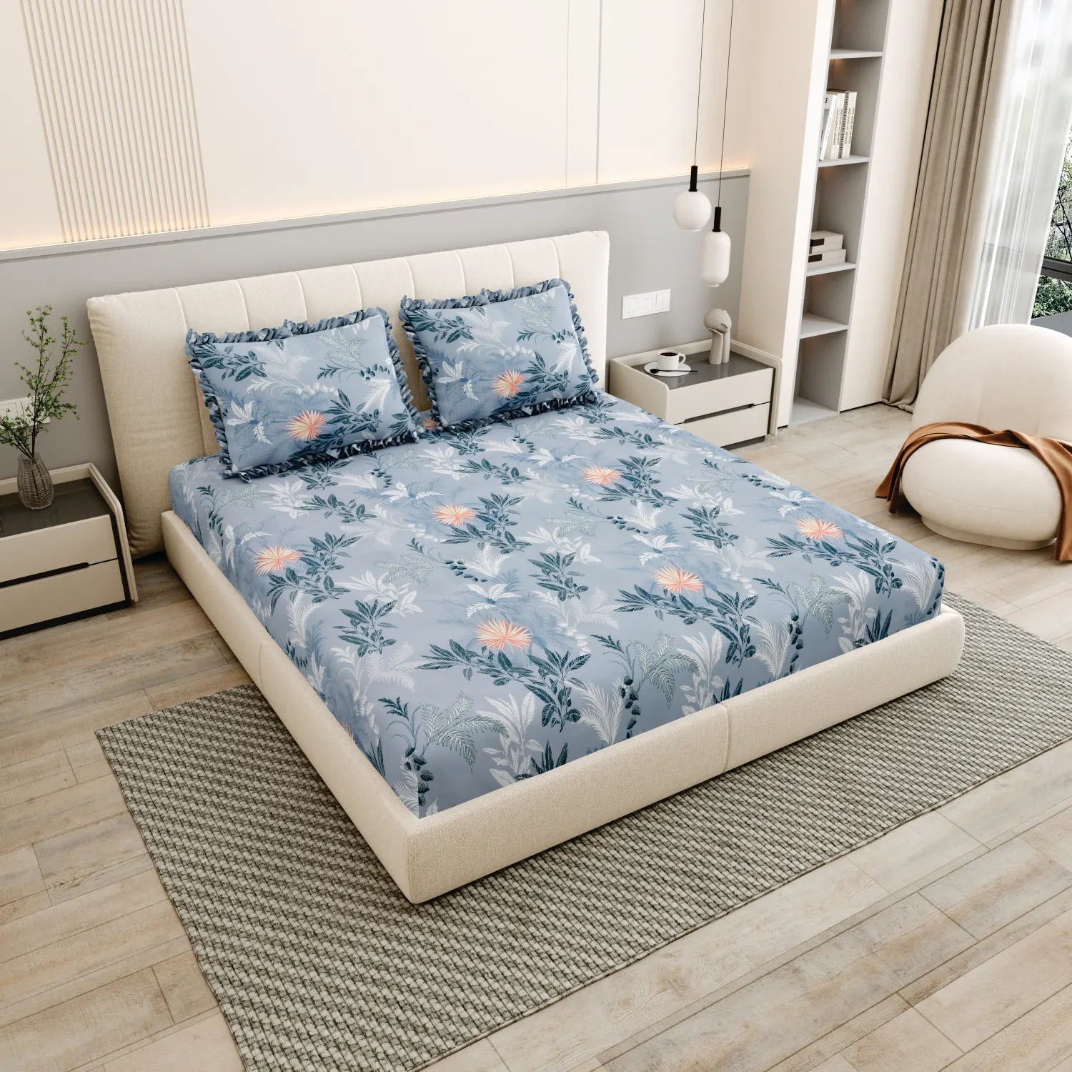 Dream Weaverz Polycotton King Fitted (Elastic) 260 TC Floral 1 Bedsheet with 2 Pillow Covers (Dark Grey-Orange)