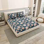 Dream Weaverz Polycotton King Fitted (Elastic) 260 TC Floral 1 Bedsheet with 2 Pillow Covers (Dark Green -Beige)