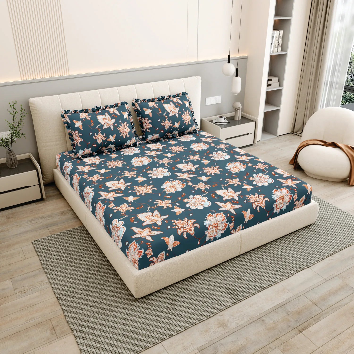 Dream Weaverz Polycotton King Fitted (Elastic) 260 TC Floral 1 Bedsheet with 2 Pillow Covers (Dark Green -Beige)