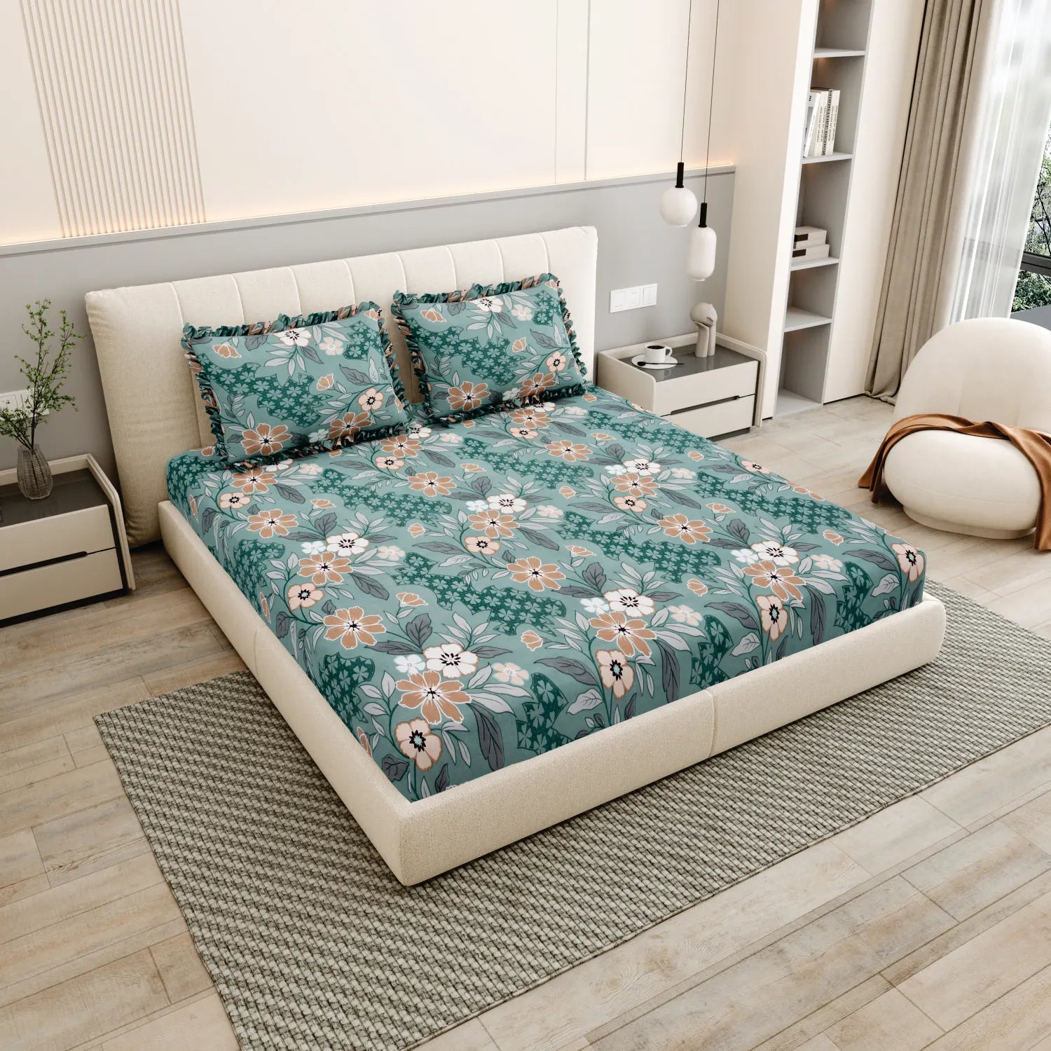 Dream Weaverz Polycotton King Fitted (Elastic) 260 TC Floral 1 Bedsheet (Green-Brown)