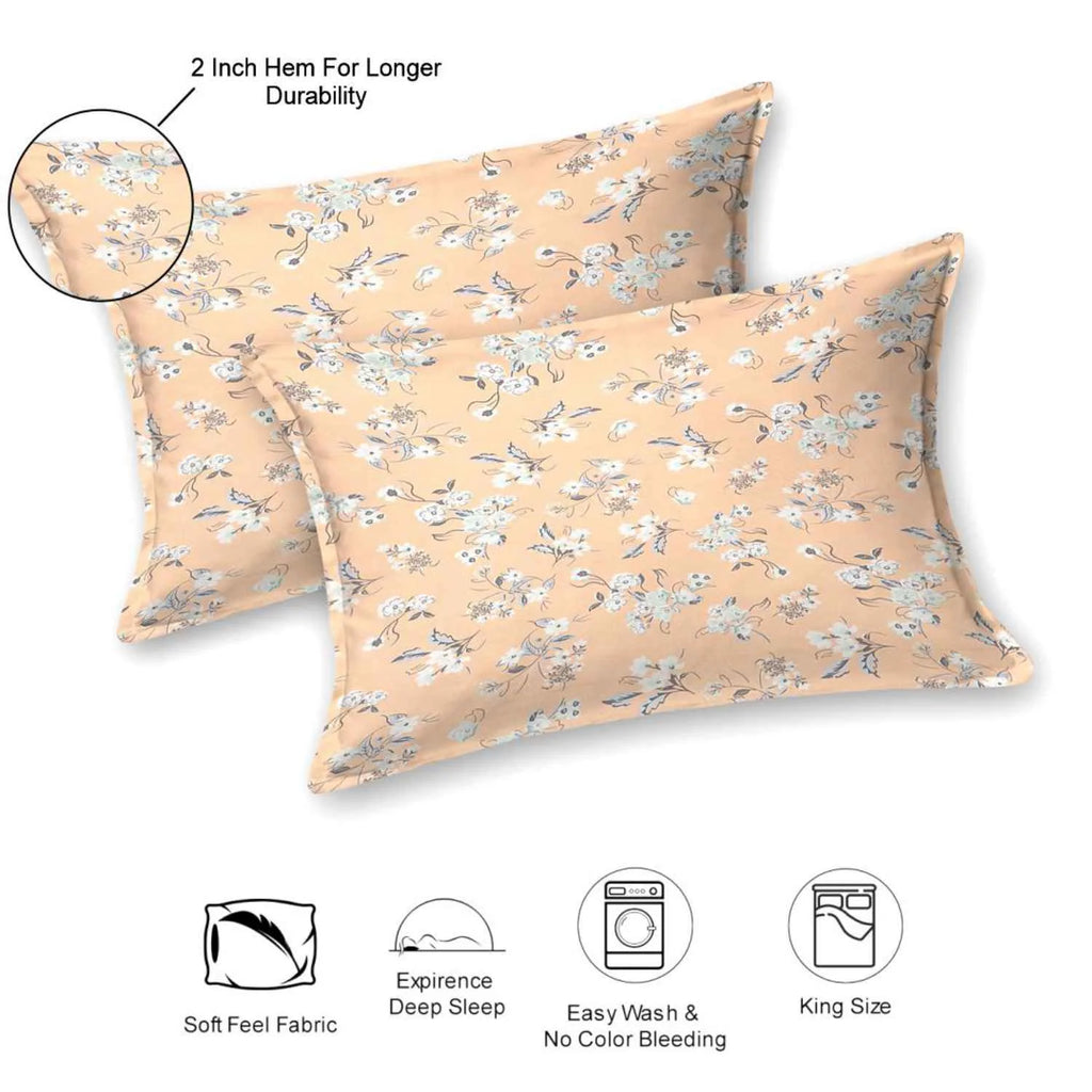 Dream Weaverz Cotton Super King Flat 220 TC Floral 1 Bedsheet with 2 Pillow Covers (Peach-Grey)