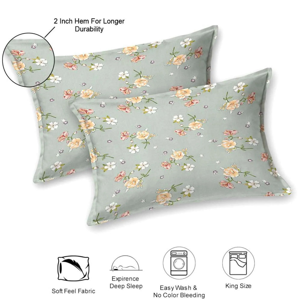 Dream Weaverz Cotton Super King Flat 220 TC Floral 1 Bedsheet with 2 Pillow Covers (Dark Green)