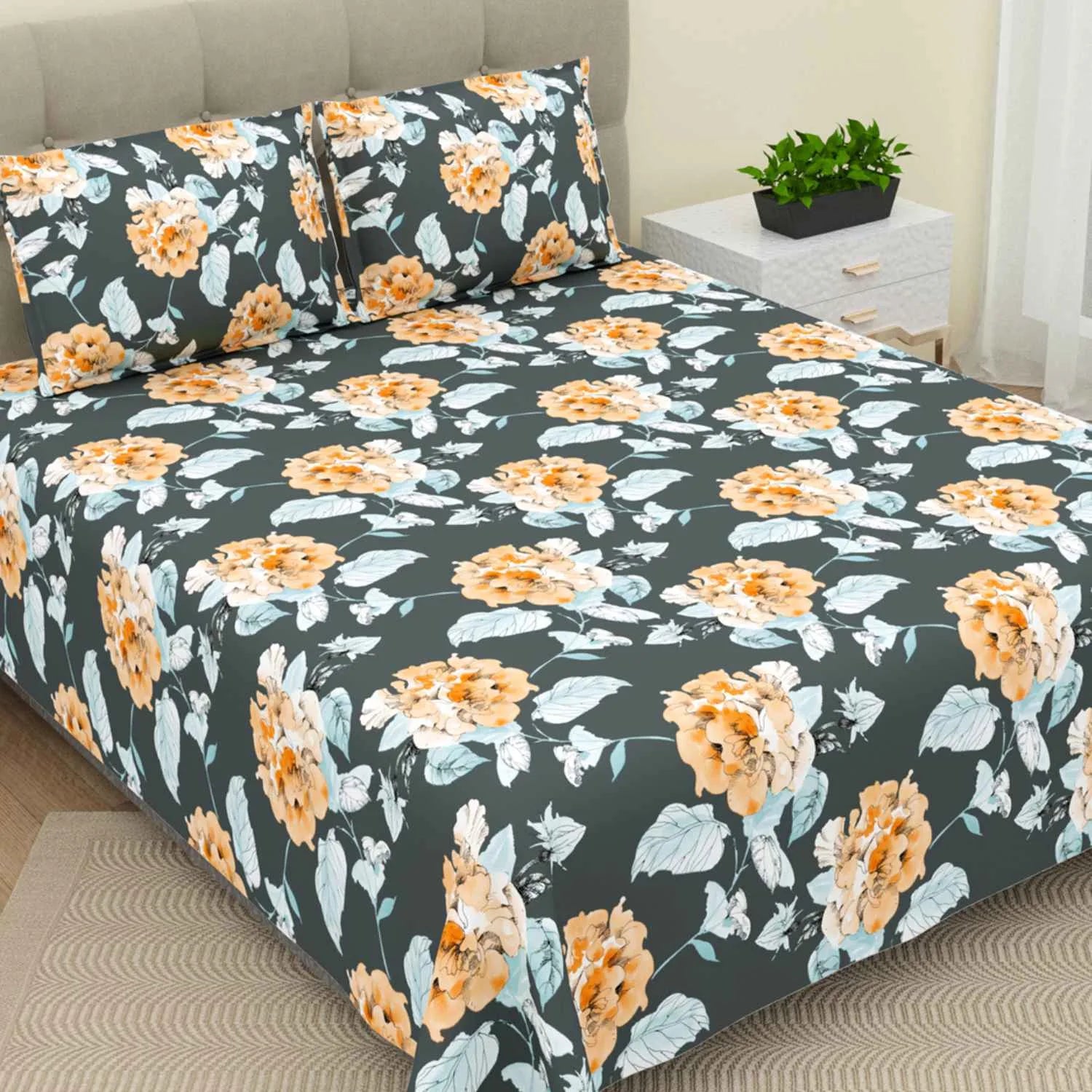 Dream Weaverz Cotton Super King Flat 220 TC Floral 1 Bedsheet with 2 Pillow Covers (Dark Green-Yellow)