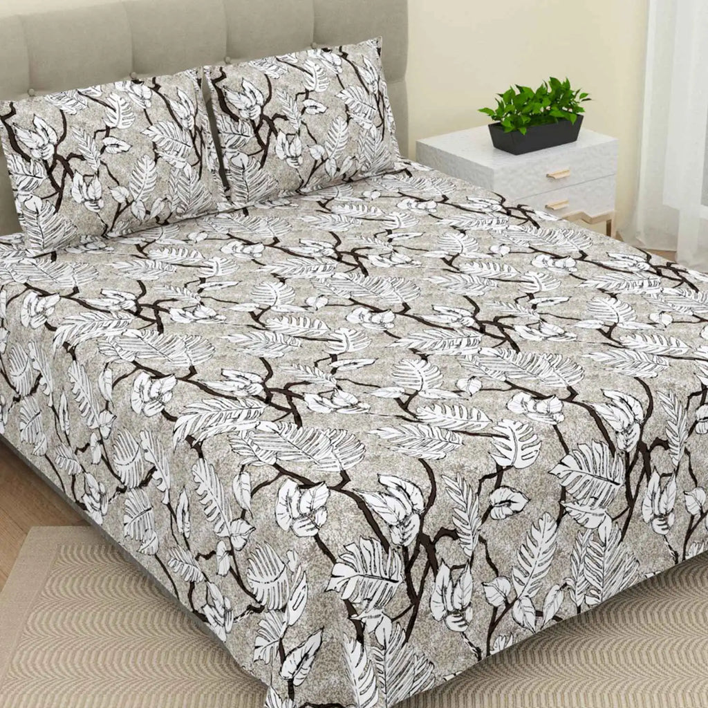 Dream Weaverz Cotton Super King Flat 220 TC Printed 1 Bedsheet with 2 Pillow Covers (Dark Grey)