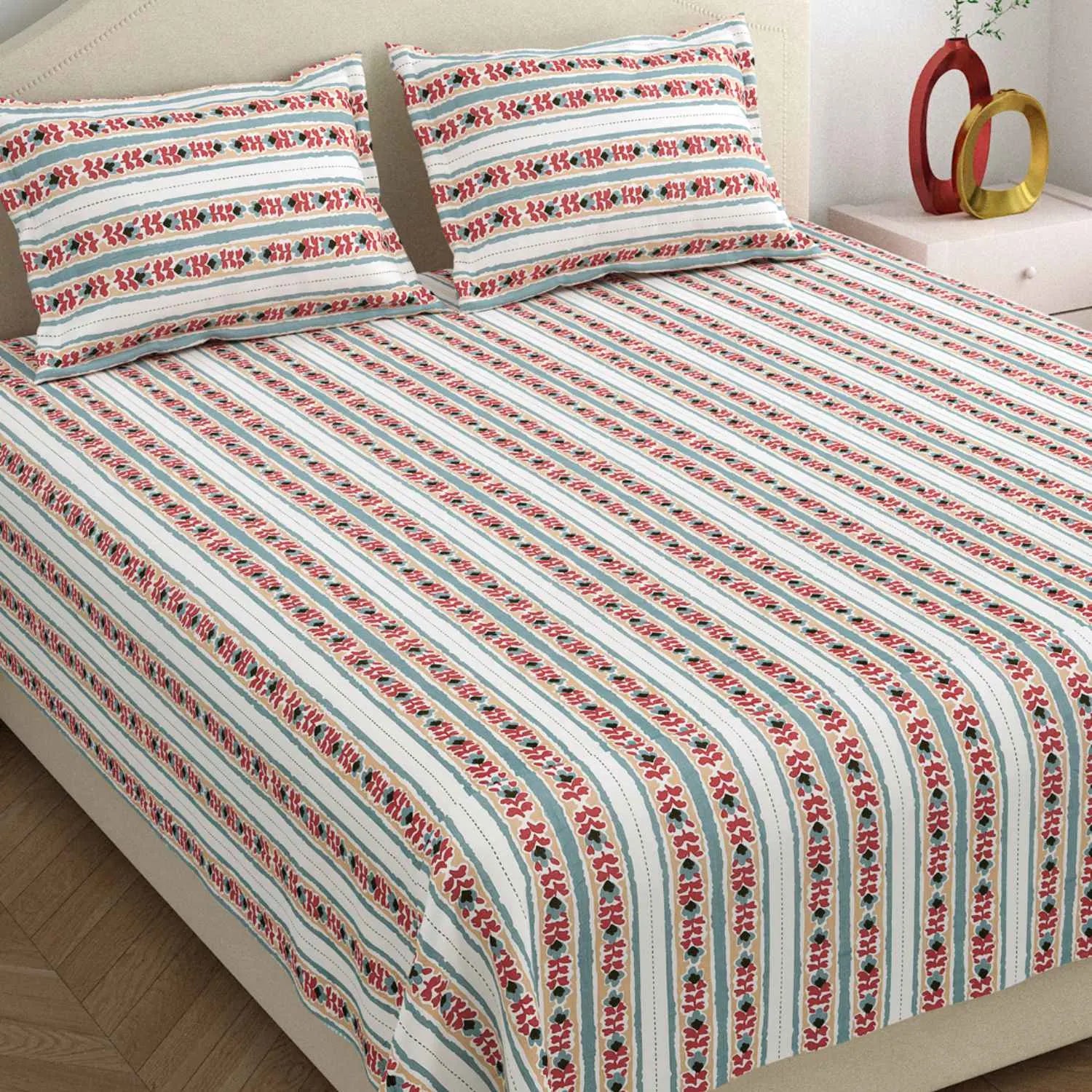 Dream Weaverz Cotton Super King Flat 220 TC Abstract 1 Bedsheet with 2 Pillow Covers (Multicolor)