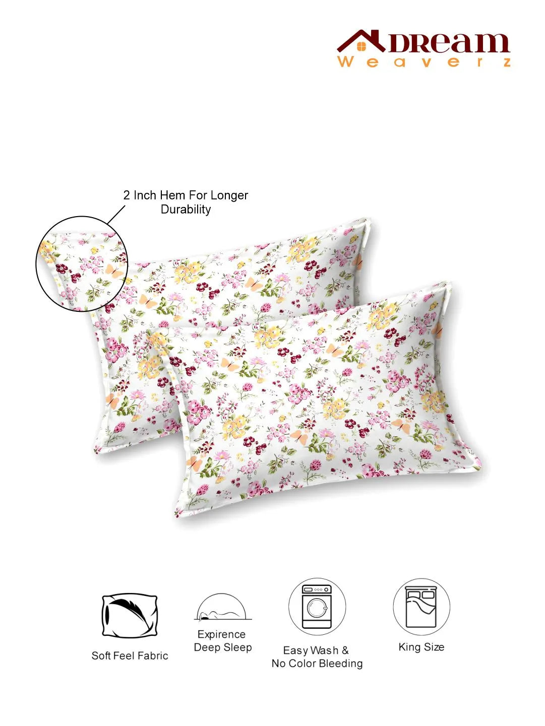 Dream Weaverz Cotton Super King Flat 220 TC Floral 1 Bedsheet with 2 Pillow Covers (White-Pink)