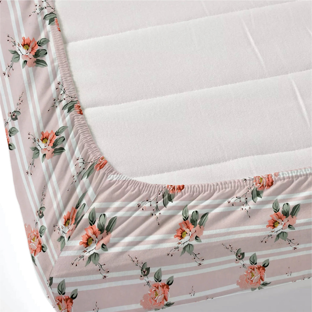 Dream Weaverz Polycotton Double Fitted (Elastic) 260 TC Floral 1 Bedsheet with 2 Pillow Covers (Pink)