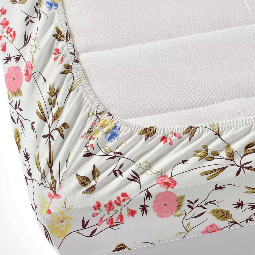 Dream Weaverz Polycotton Double Fitted (Elastic) 260 TC Floral 1 Bedsheet with 2 Pillow Covers (White)