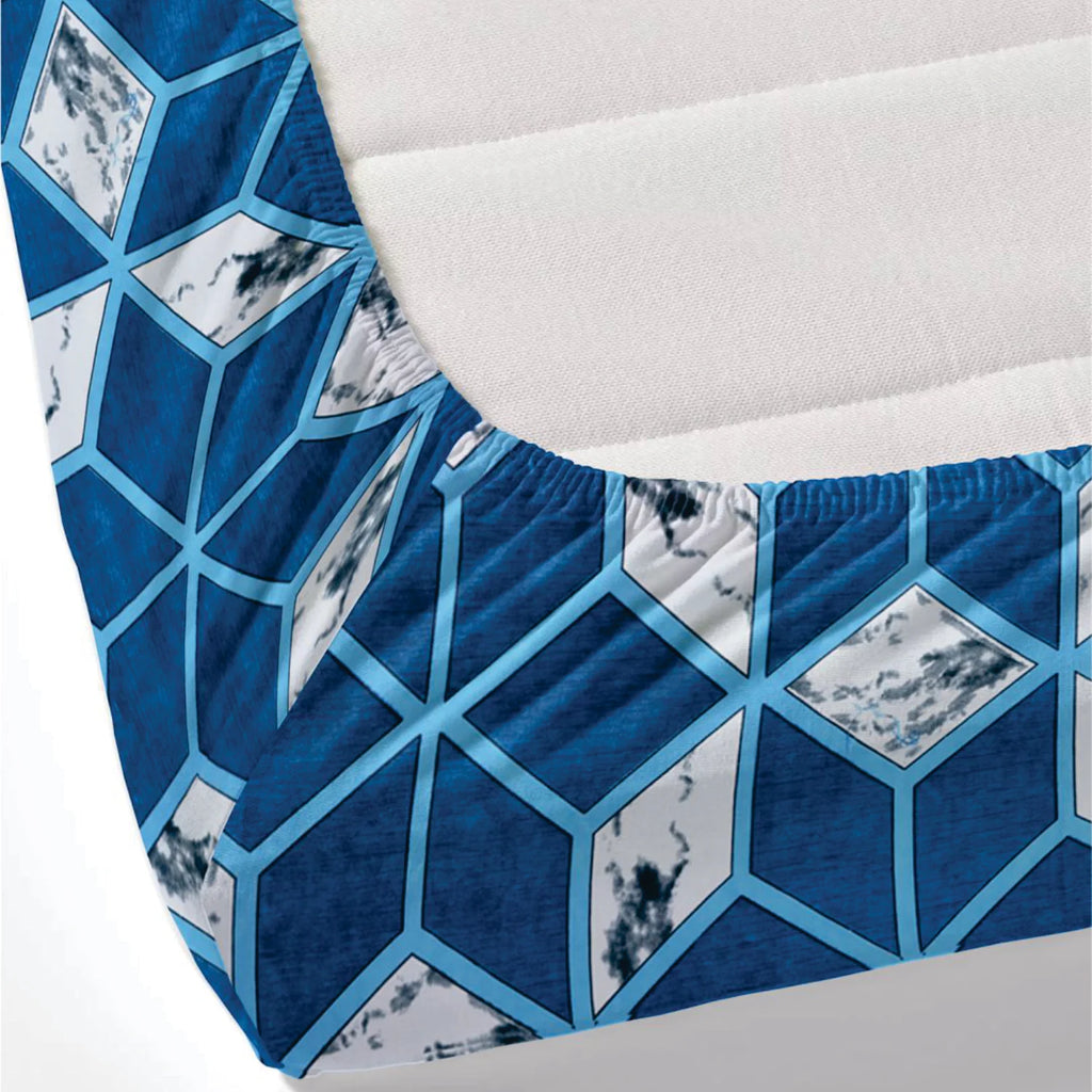 Dream Weaverz Polycotton King Fitted (Elastic) 260 TC Abstract 1 Bedsheet with 2 Pillow Covers (Blue-White)