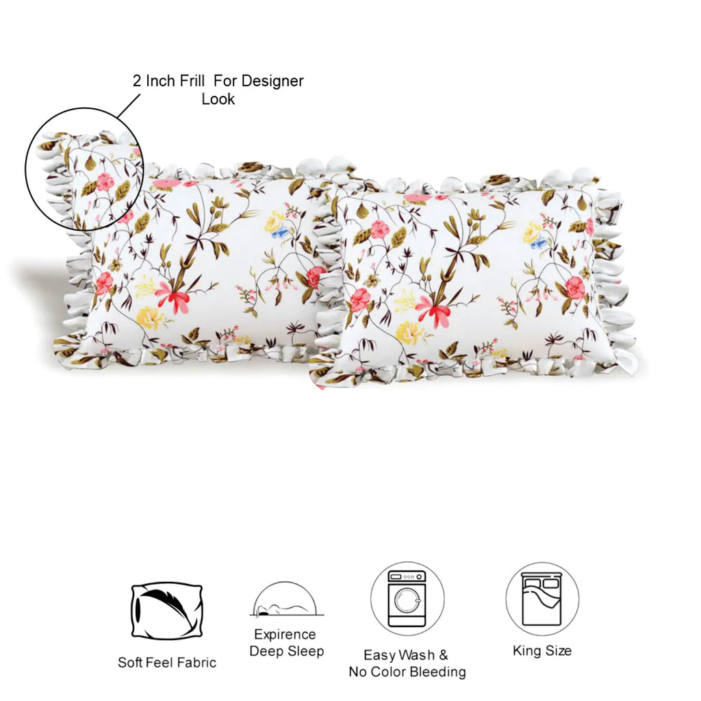 Dream Weaverz Polycotton Double Fitted (Elastic) 260 TC Floral 1 Bedsheet with 2 Pillow Covers (White)