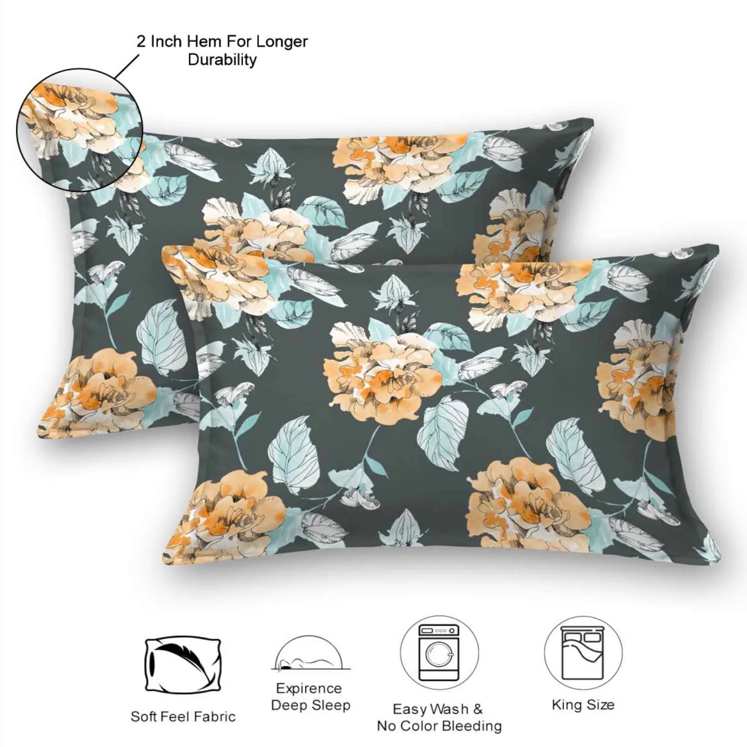 Dream Weaverz Cotton Super King Flat 220 TC Floral 1 Bedsheet with 2 Pillow Covers (Dark Green-Yellow)