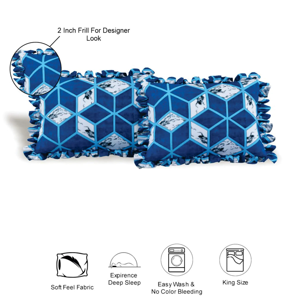 Dream Weaverz Polycotton King Fitted (Elastic) 260 TC Abstract 1 Bedsheet with 2 Pillow Covers (Blue-White)