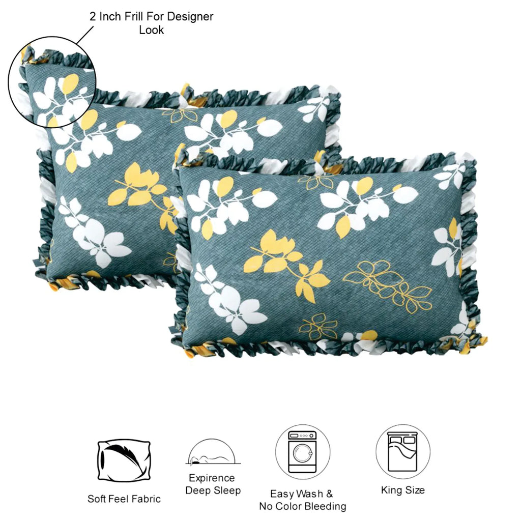 Dream Weaverz Polycotton King Fitted (Elastic) 260 TC Floral 1 Bedsheet with 2 Pillow Covers (Dark Green-White)