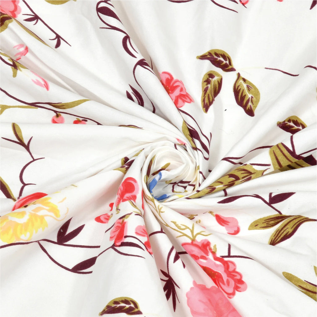 Dream Weaverz Polycotton Double Fitted (Elastic) 260 TC Floral 1 Bedsheet with 2 Pillow Covers (White)
