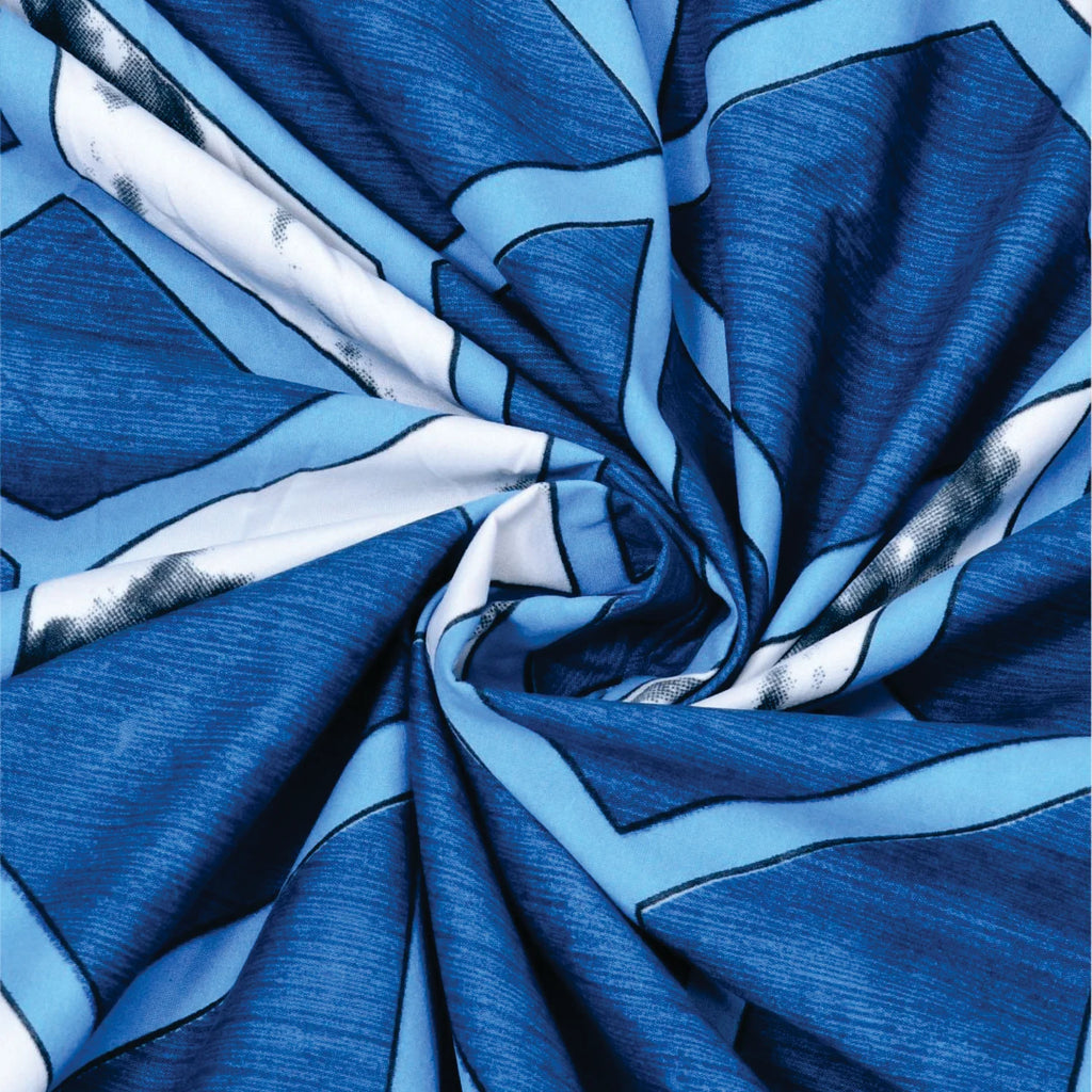 Dream Weaverz Polycotton King Fitted (Elastic) 260 TC Abstract 1 Bedsheet with 2 Pillow Covers (Blue-White)
