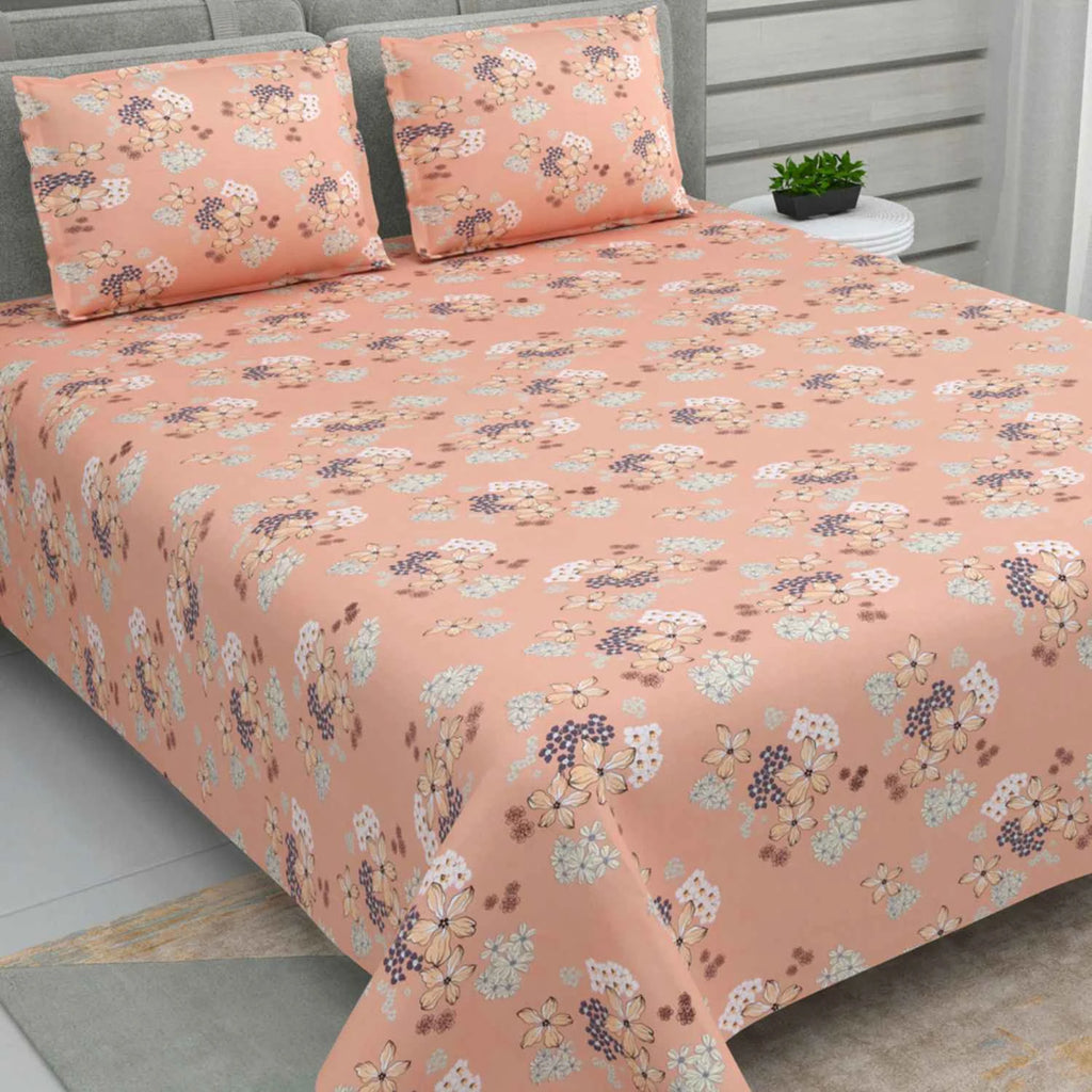 Dream Weaverz Cotton Super King Flat 220 TC Floral 1 Bedsheet with 2 Pillow Covers (Orange)
